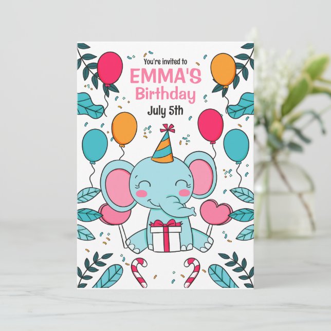 Elephant Birthday Invitation, Jungle Animals  Invitation (Standing Front)