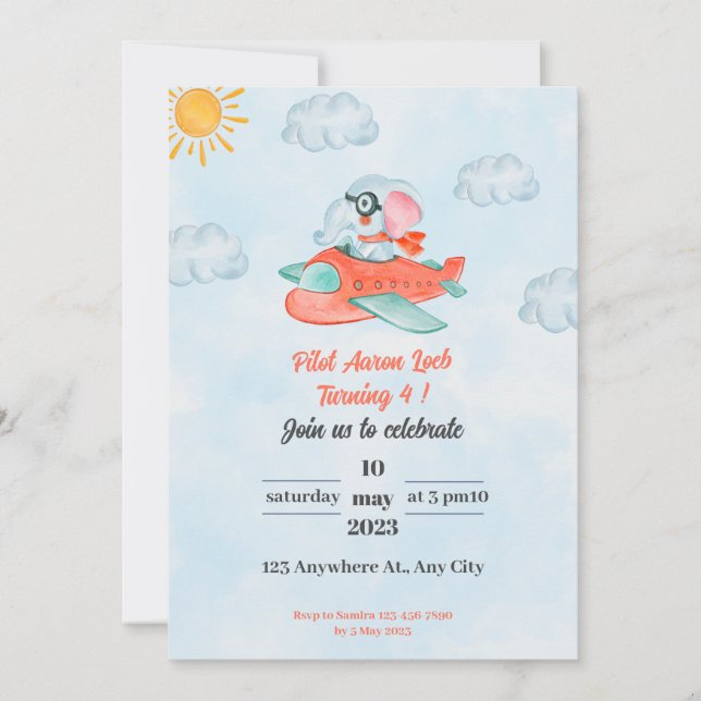 Elephant Birthday Invitation Pilot  (Front)