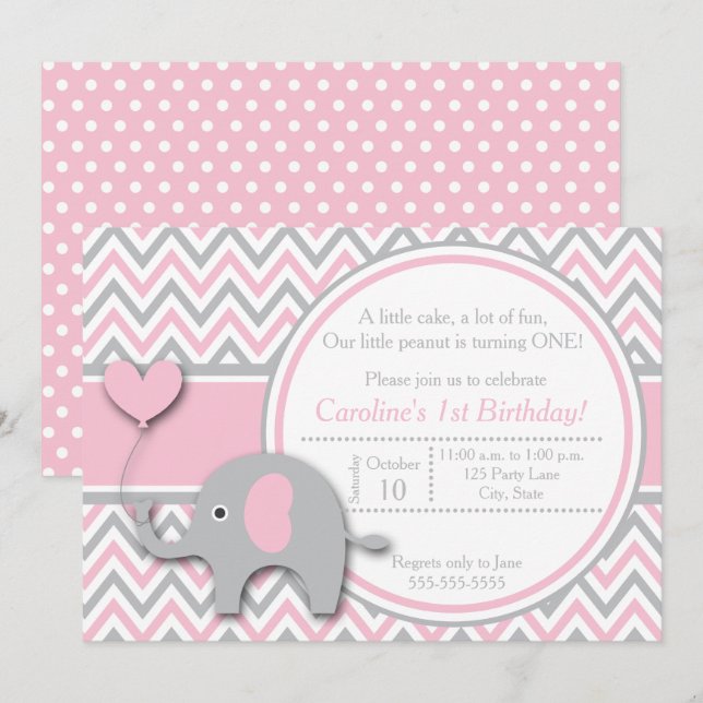 Elephant Birthday Invitation, Pink and Gray Invitation (Front/Back)