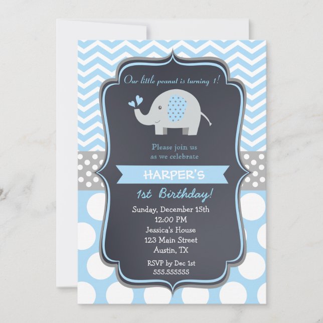 Elephant Birthday Party Invitations Boy (Front)