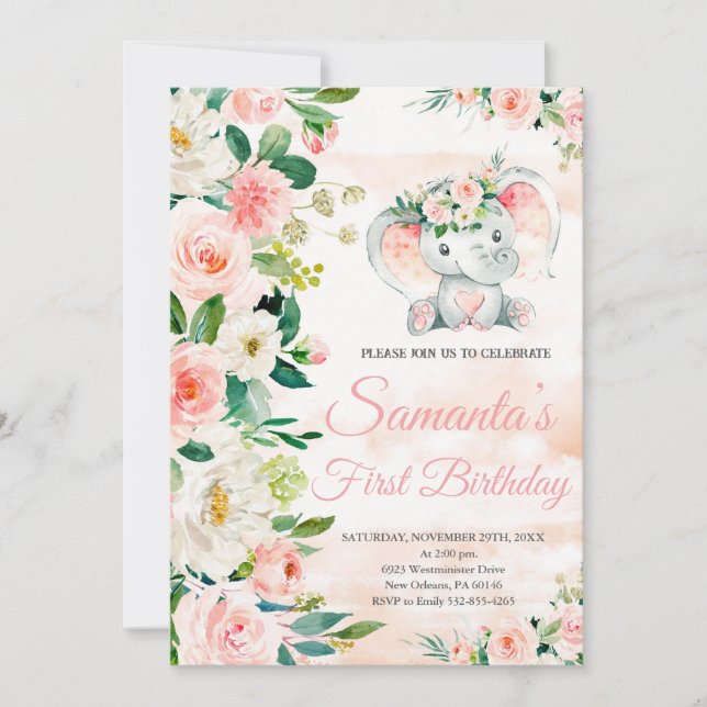 Elephant Birthday, Pink Floral, Safari Birthday Invitation (Front)