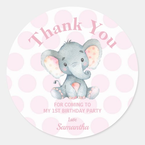 Elephant Birthday Thank You Stickers Labels Pink