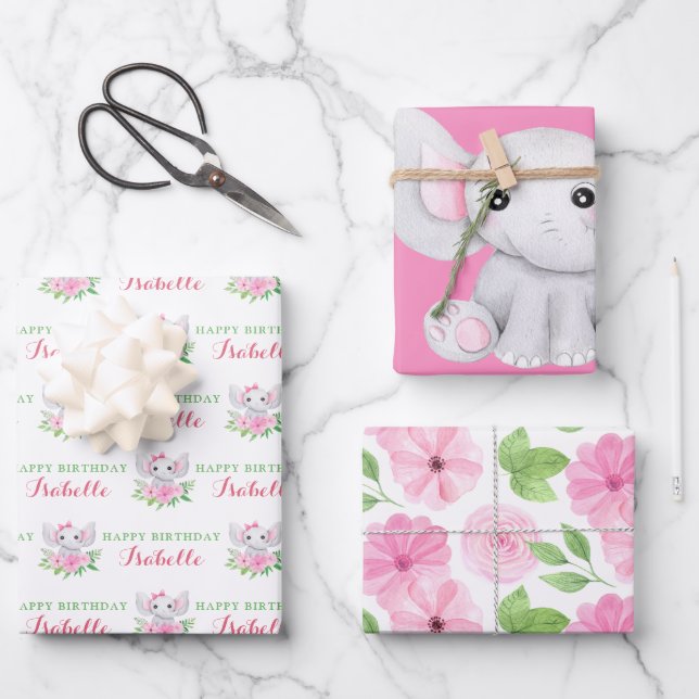 Elephant Birthday Wrapping Paper Sheets  (Front)