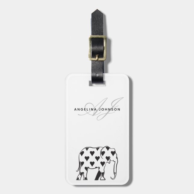 Elephant Black and White Monogram Luggage Tag (Front Vertical)