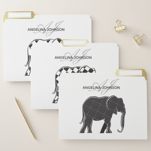 Elephant Black and White Monogrammed File Folder