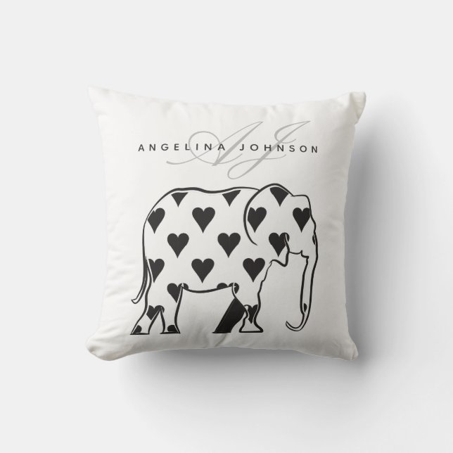 Elephant , Black and White Pattern Modern Monogram Throw Pillow (Front)