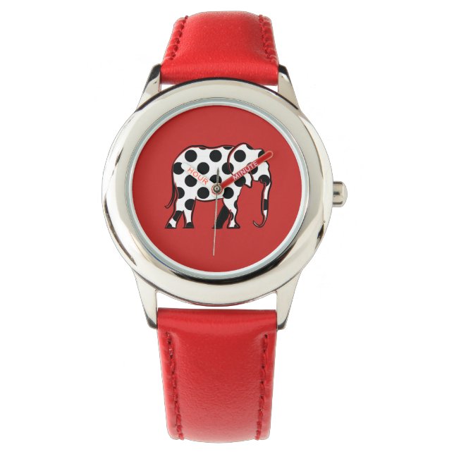 Elephant Black and White Polka Dot Pattern Red Watch (Front)