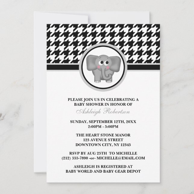 Elephant Black & White Houndstooth Baby Shower Invitation (Front)