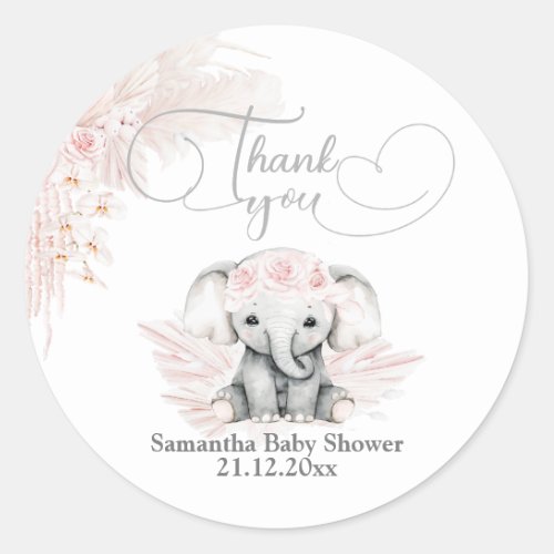 Elephant Blash Pink Flower Boho Baby Shower Classic Round Sticker