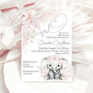 Elephant Blash Pink Flower Boho Baby Shower Invitation