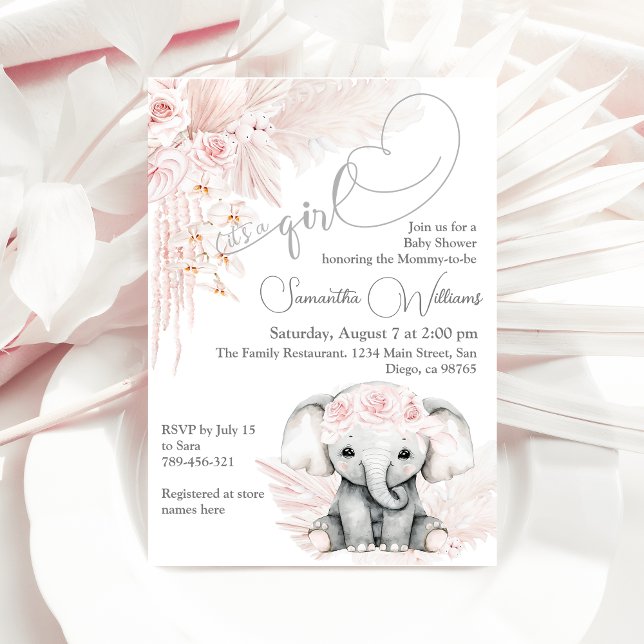 Elephant Blash Pink Flower Boho Baby Shower Invitation (Creator Uploaded)