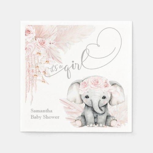 Elephant Blash Pink Flower Boho Baby Shower Napkins
