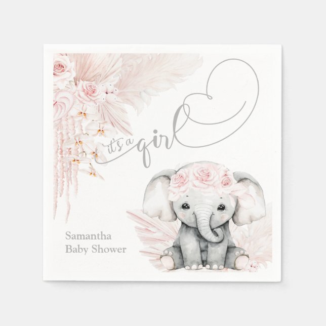 Elephant Blash Pink Flower Boho Baby Shower Napkins (Front)