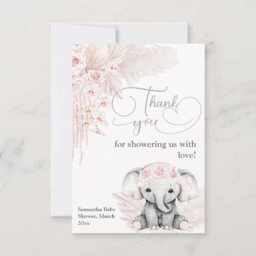 Elephant Blash Pink Flower Boho Baby Shower Thank You Card