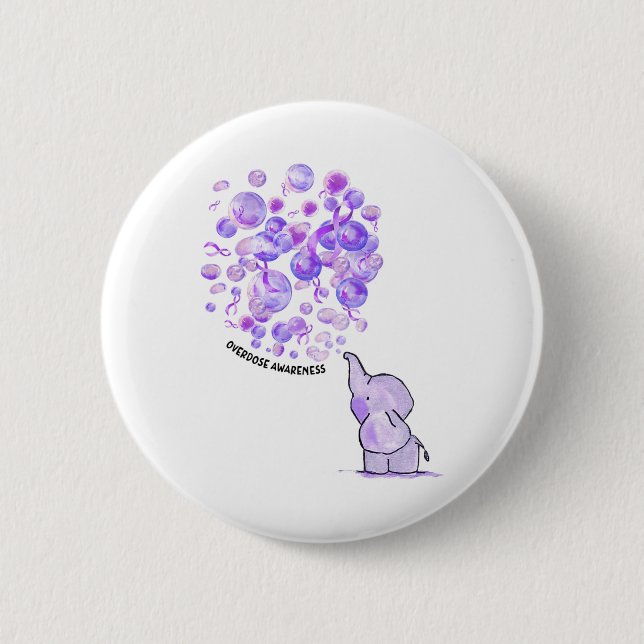 Elephant Blows Up Purple Bylloons Overdose Awarene Button (Front)