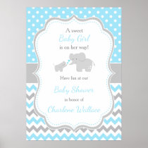 Elephant Blue and Gray Baby Shower Poster