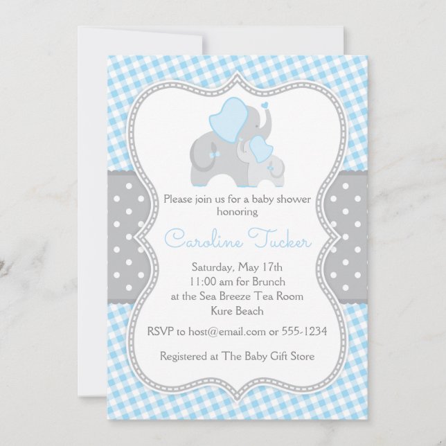 Elephant Blue and Gray Boy Baby Shower Invitation (Front)