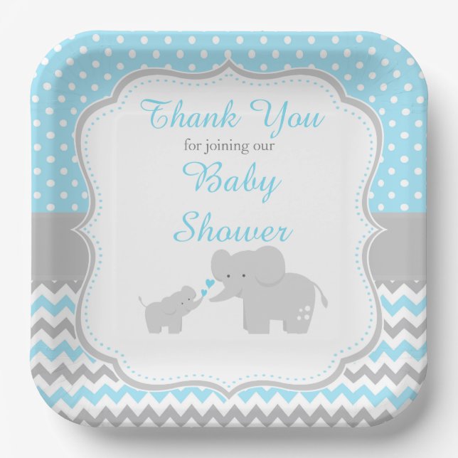 Elephant Blue and Grey Baby Shower Party Paper Plates (Front)