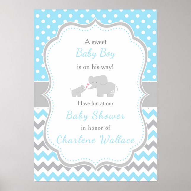 Elephant Blue and Grey Baby Shower Poster (Front)