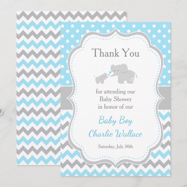 Elephant Blue and Grey Baby Shower Thank You Card (Front/Back)