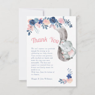 Elephant Blue and Pink Baby Shower Thank You Card