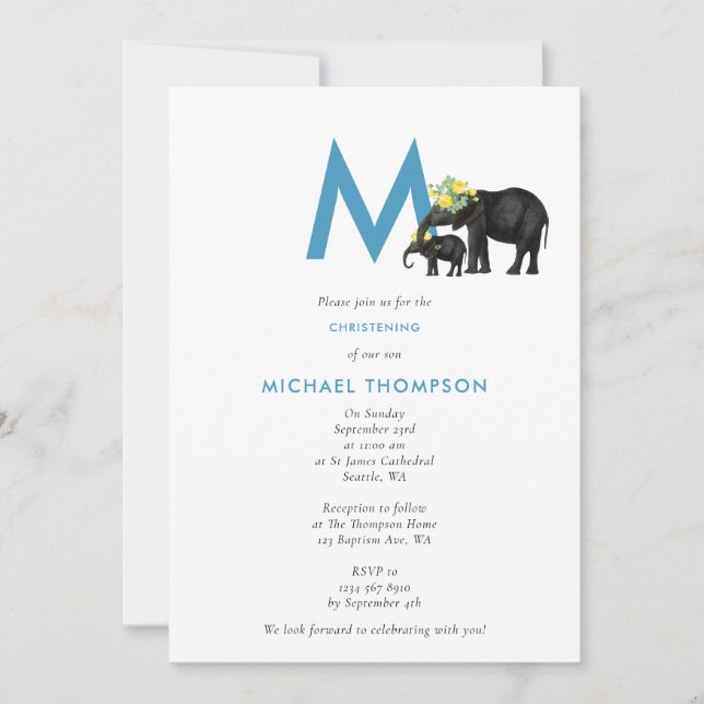 Elephant Blue Baby Boy Initial Baptism Christening Invitation (Front)
