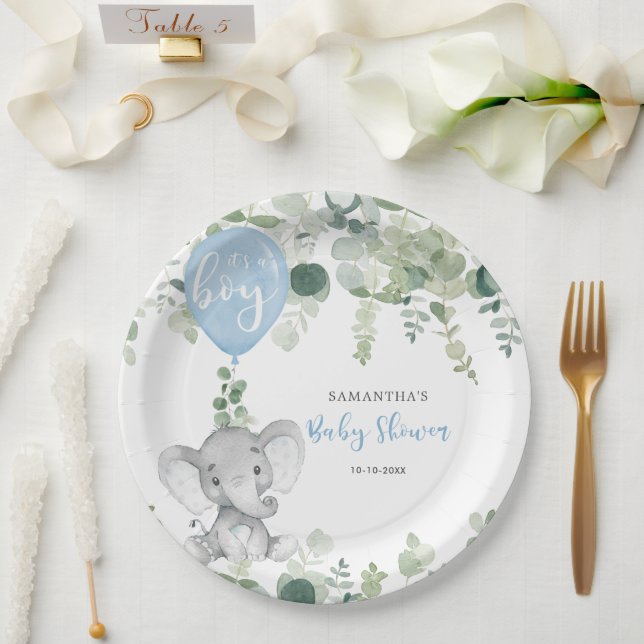 Elephant blue balloon boy baby shower greenery paper plates (Wedding)