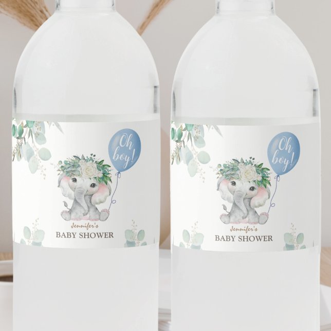 Elephant Blue Balloon | Boy Baby Shower Water Water Bottle Label (Creator Uploaded)
