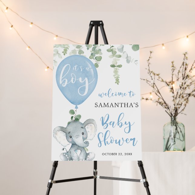 Elephant blue balloon boy baby shower welcome sign (In Situ (Stand))