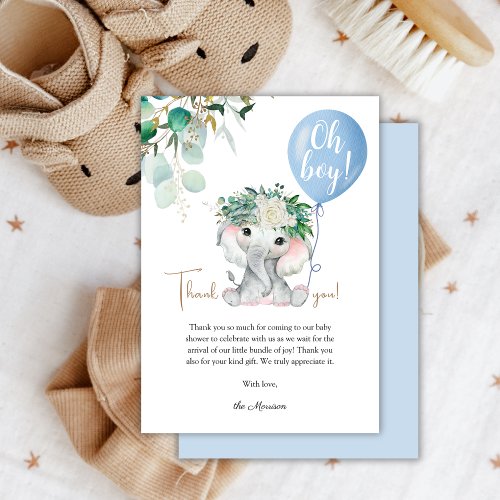 Elephant Blue Balloon Greenery Baby Shower Thank You Card