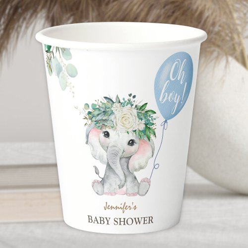 Elephant Blue Balloon Greenery Oh Boy Baby Shower Paper Cups