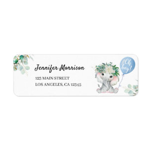 Elephant Blue Balloon Oh Boy Baby Shower Address Label
