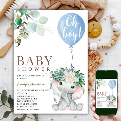 Elephant Blue Balloon Watercolor Baby Shower Invitation