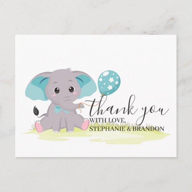 Elephant Blue Balloons Thank You  Card (Front)