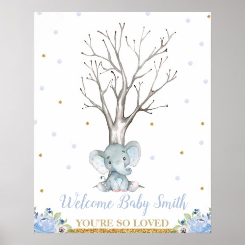 Elephant Blue Boy Baby Shower Thumbprints Tree Poster