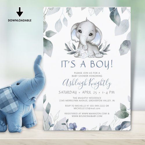 Elephant Blue Boy Baby Shower Watercolor Greenery Invitation
