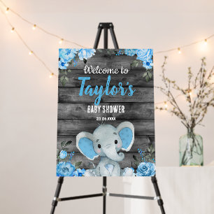 Elephant blue boy baby shower welcome sign wooden 