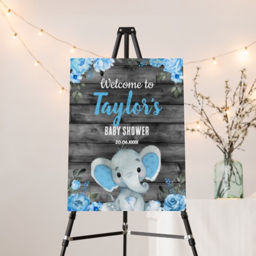 Elephant blue boy baby shower welcome sign wooden 