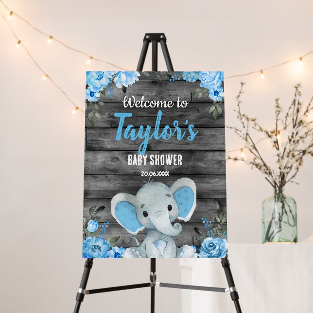 Elephant blue boy baby shower welcome sign wooden  (In Situ (Stand))