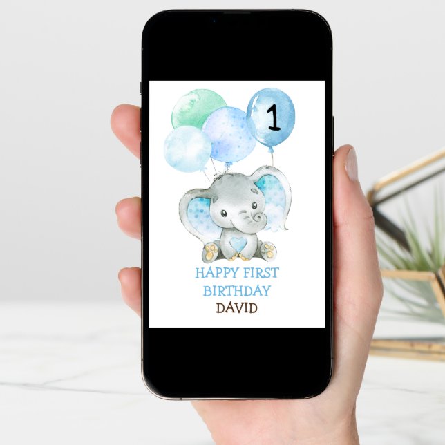 Elephant Blue Boy Fist Birthday Cute 1st Birthday Card (Front Digital)