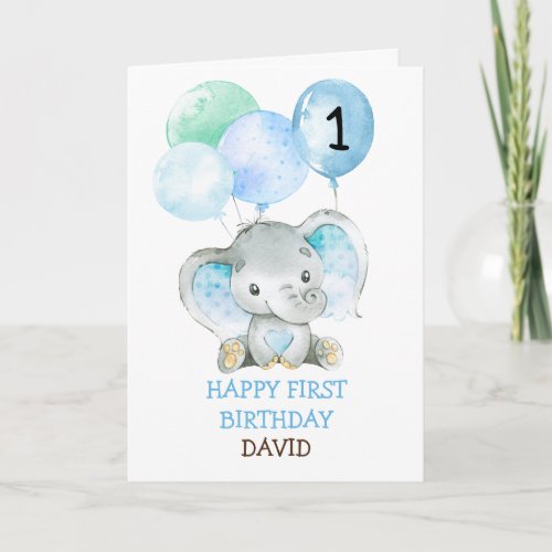 Elephant Blue Boy Fist Birthday Cute 1st Birthday Card