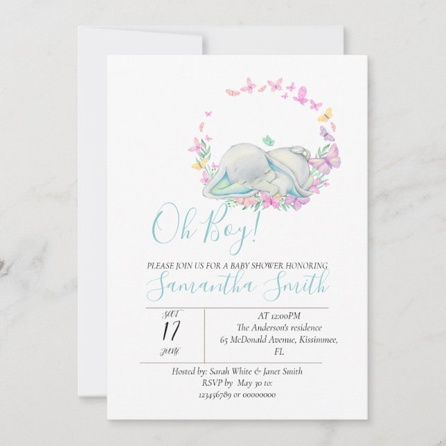 Elephant Blue Butterflies Baby Shower Invitation (Front)