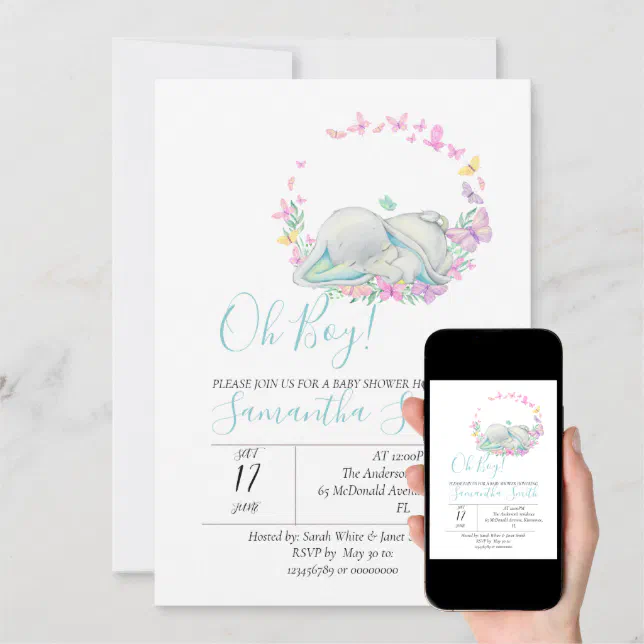 Elephant Blue Butterflies Baby Shower Invitation Zazzle