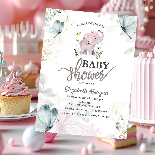 Elephant  Blue Butterflies Pink Baby Shower   Invitation (Creator Uploaded)