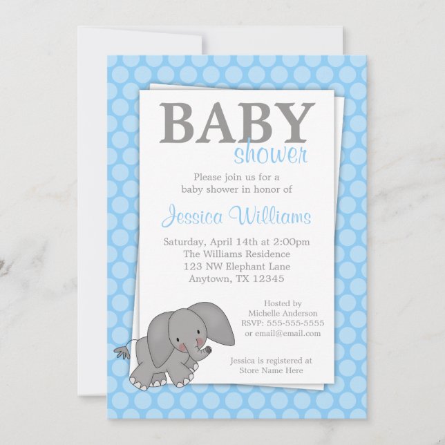 Elephant Blue Dots Baby Shower Invitations (Front)