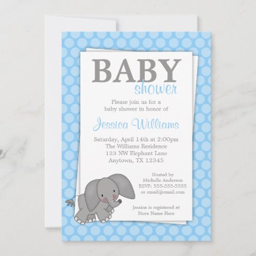 Elephant Blue Dots Baby Shower Invitations