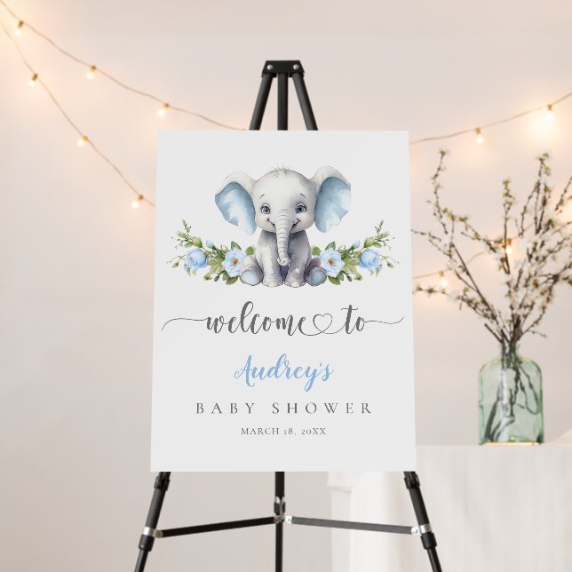 Elephant Blue Floral Baby Boy Shower Welcome Foam Board (In Situ (Stand))