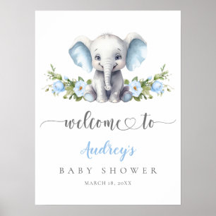 Elephant Blue Floral Baby Boy Shower Welcome Poster