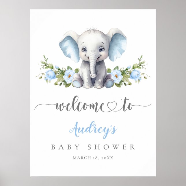 Elephant Blue Floral Baby Boy Shower Welcome Poster (Front)