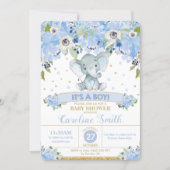 Elephant Blue Floral Baby Shower Baby Boy Invitation (Front)